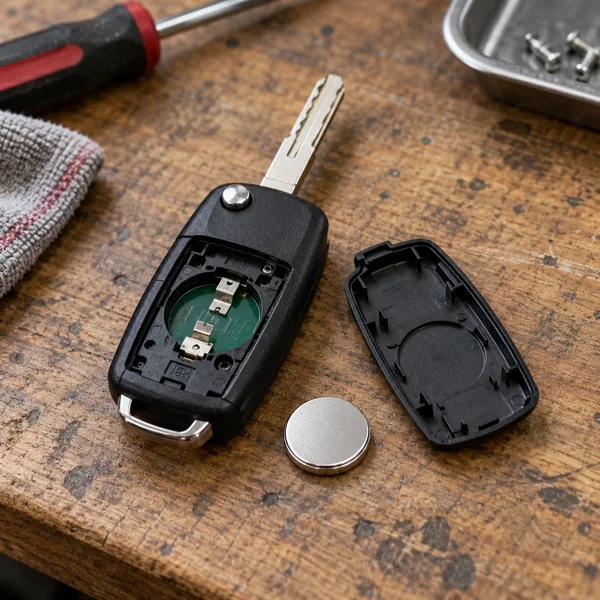 Opened Volkswagen key fob with a replacement coin cell battery