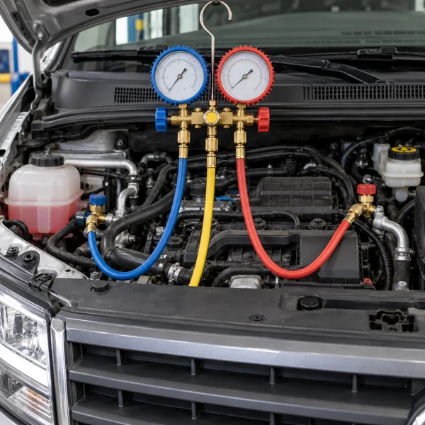 AC manifold gauges connected to an engine bay