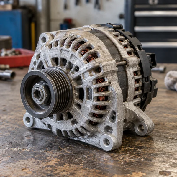 Alternator with pulley on a workshop bench