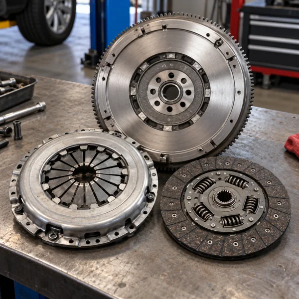 Clutch kit and dual mass flywheel on a workbench
