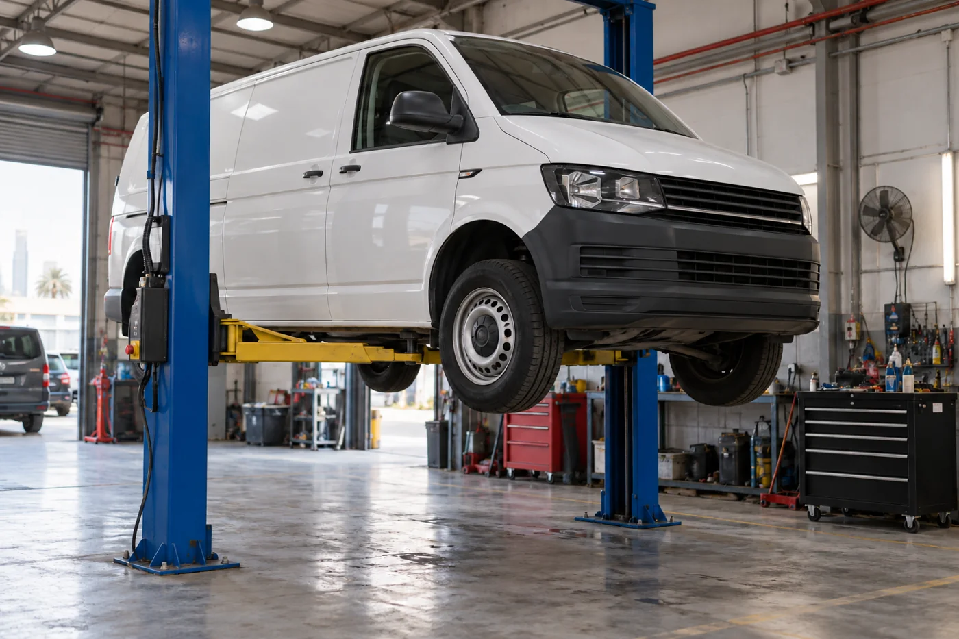 White Transporter van raised on a workshop lift