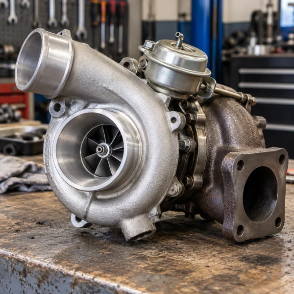 Diesel turbocharger on a workbench
