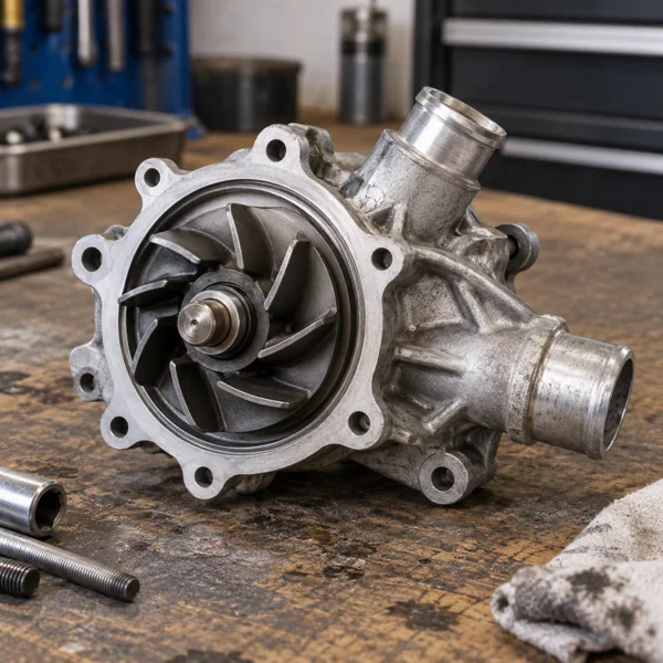 Water pump with exposed impeller on a workbench