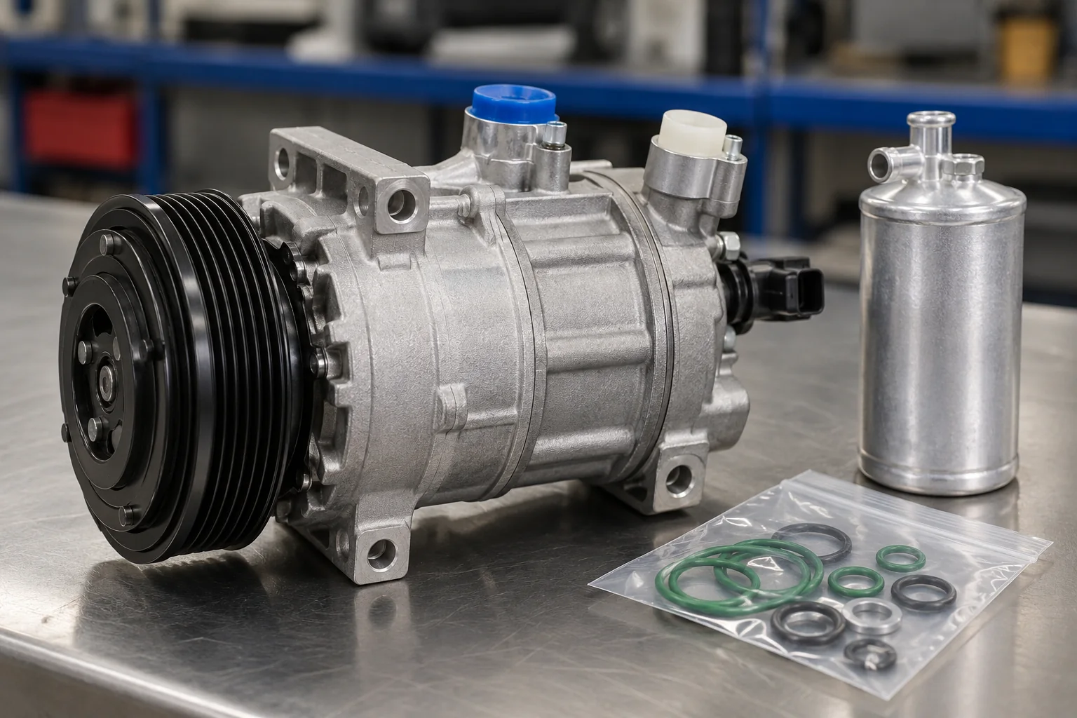 Illustrative automotive AC compressor, receiver-drier and replacement seals