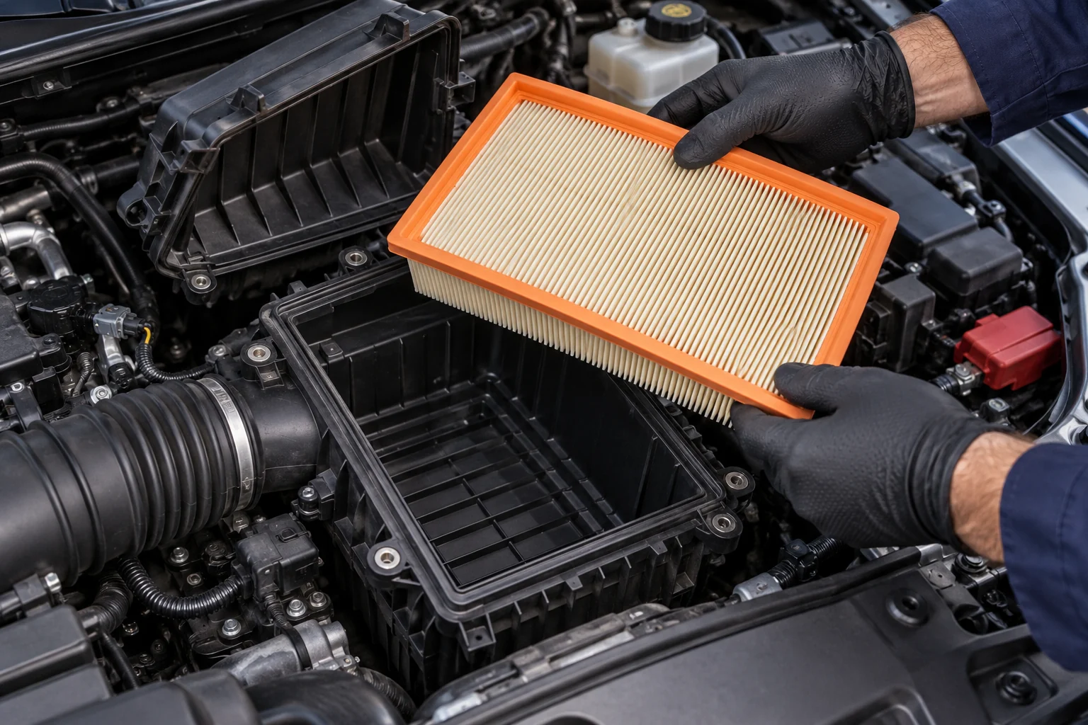 Illustration of gloved hands lifting a pleated engine air filter above its open intake housing