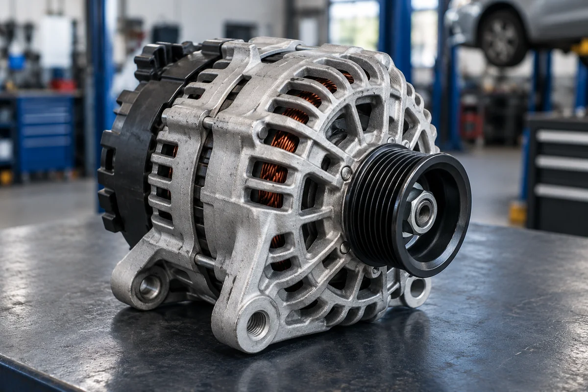 A conventional alternator with aluminium housing and ribbed pulley