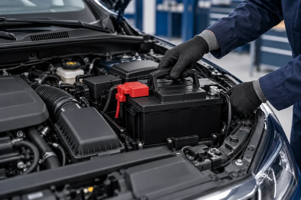 Battery being positioned in a Volkswagen engine bay
