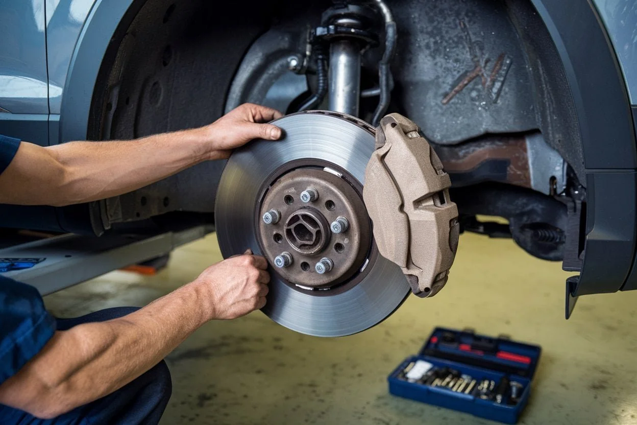 Brake disc and caliper exposed for inspection beside a removed wheel