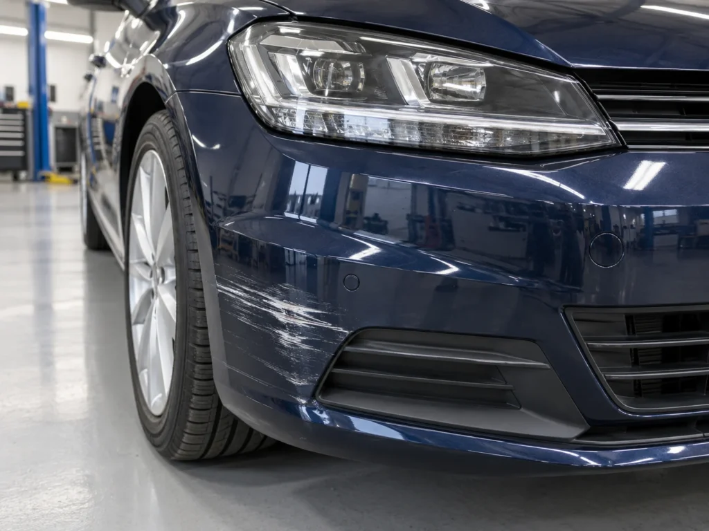 Shallow scuff on a Volkswagen bumper before repair