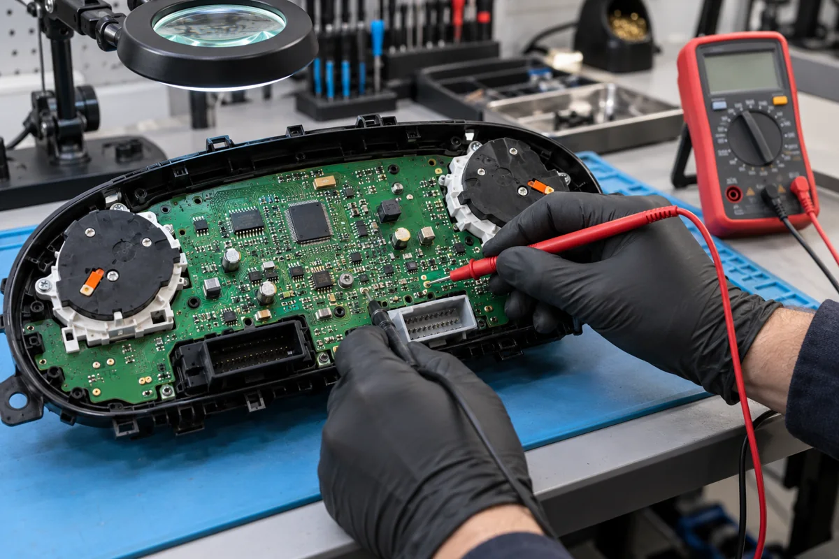 Multimeter probes checking a removed instrument cluster circuit board