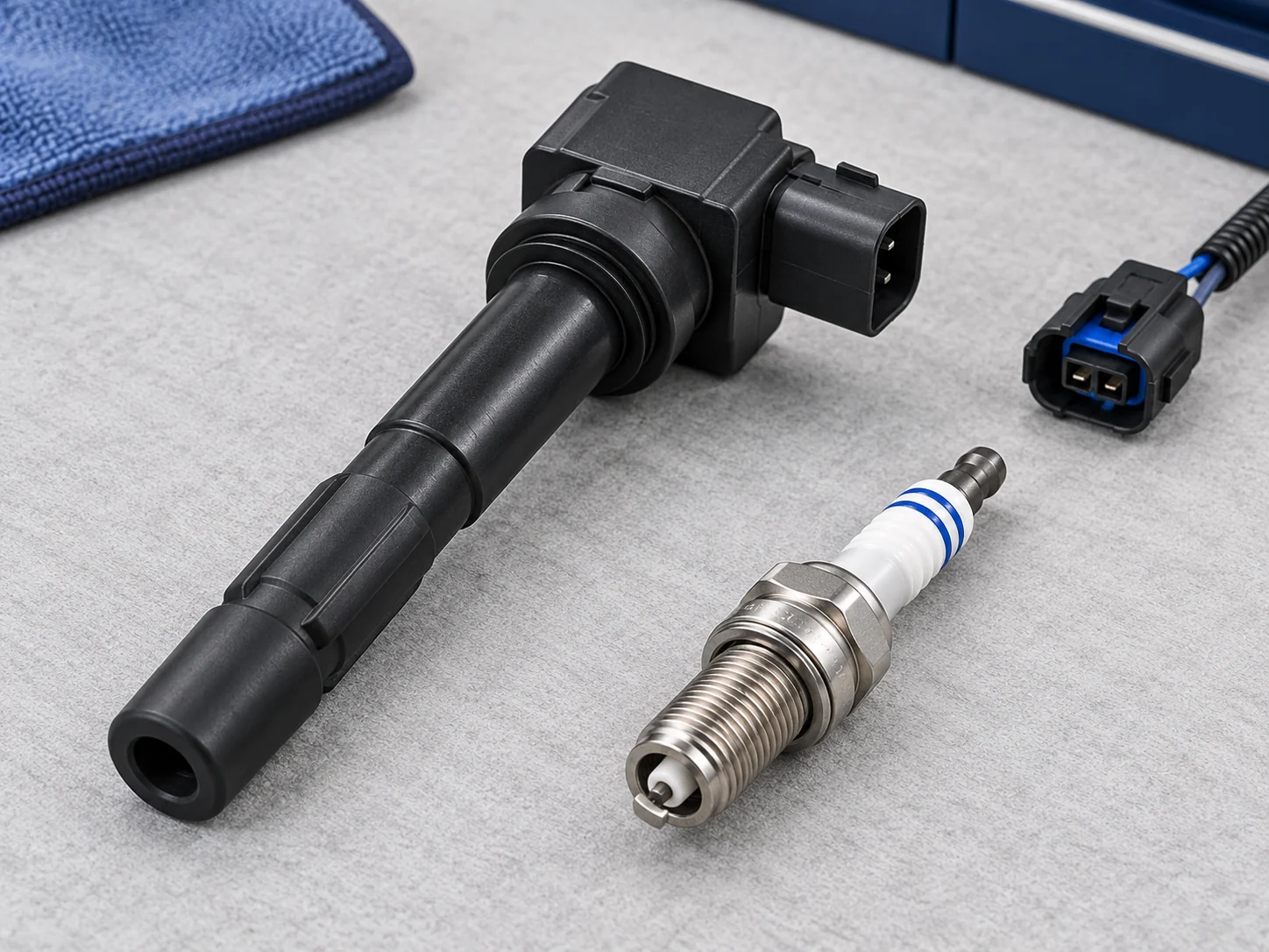 Pencil ignition coil and spark plug on a workshop mat