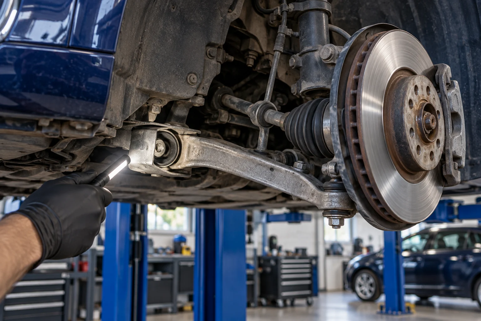 A front lower control arm inspection with the wheel removed