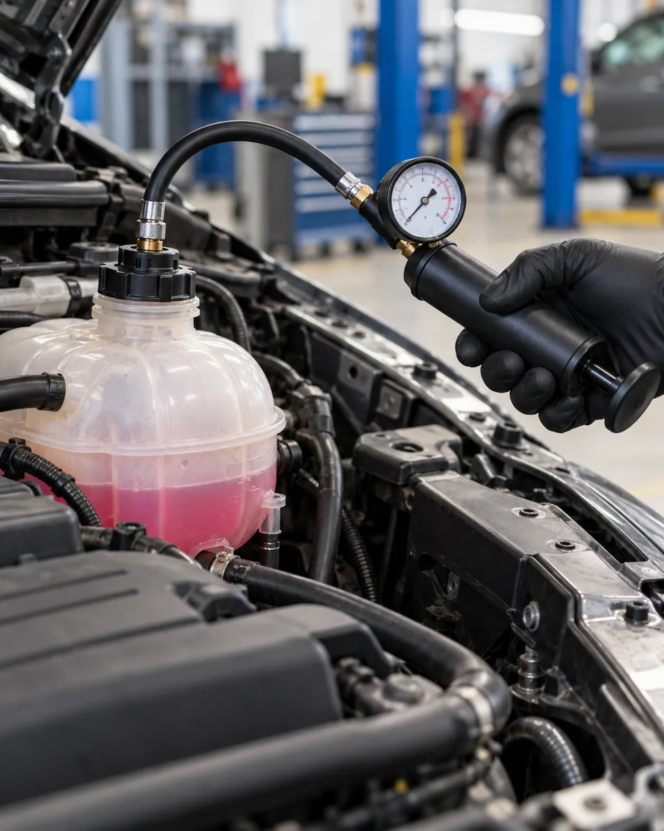 Illustration of a hand pressure-test pump connected by a sealed adaptor to a cold engine coolant expansion tank