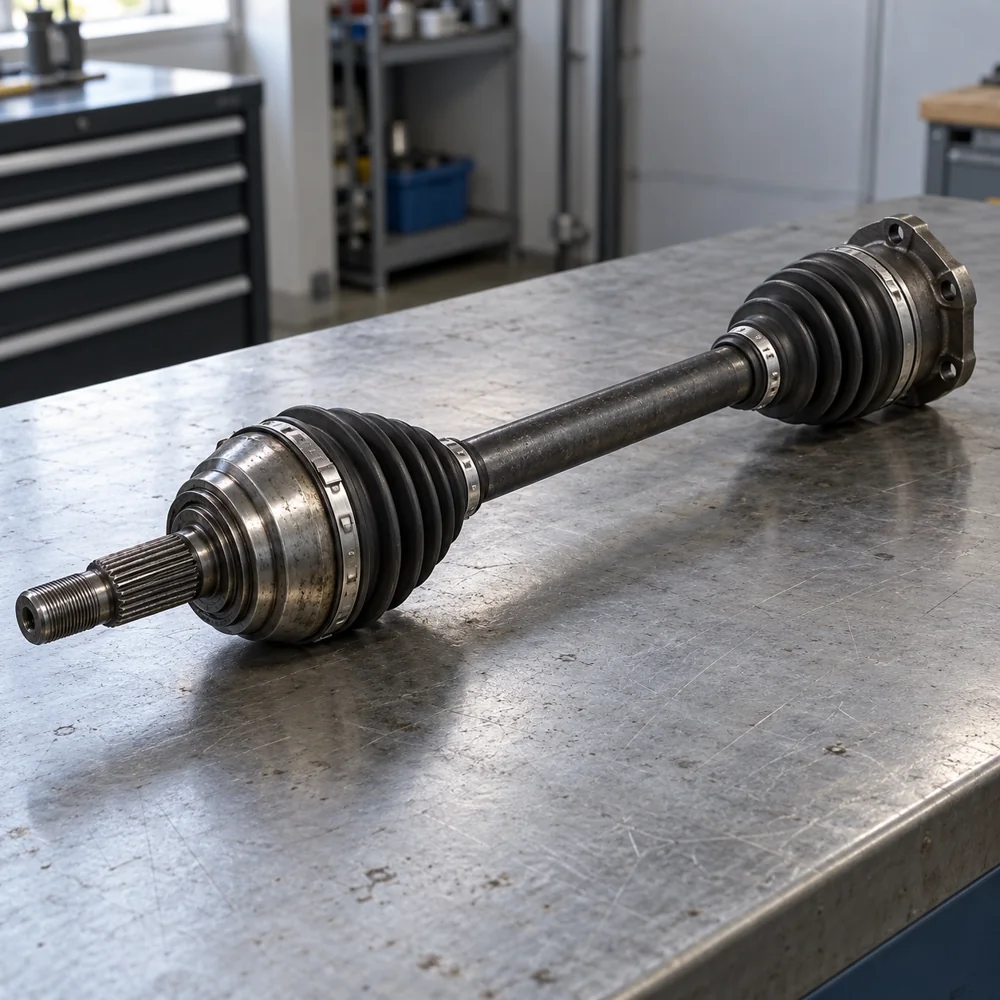CV axle illustration showing inner and outer boots and joint housings