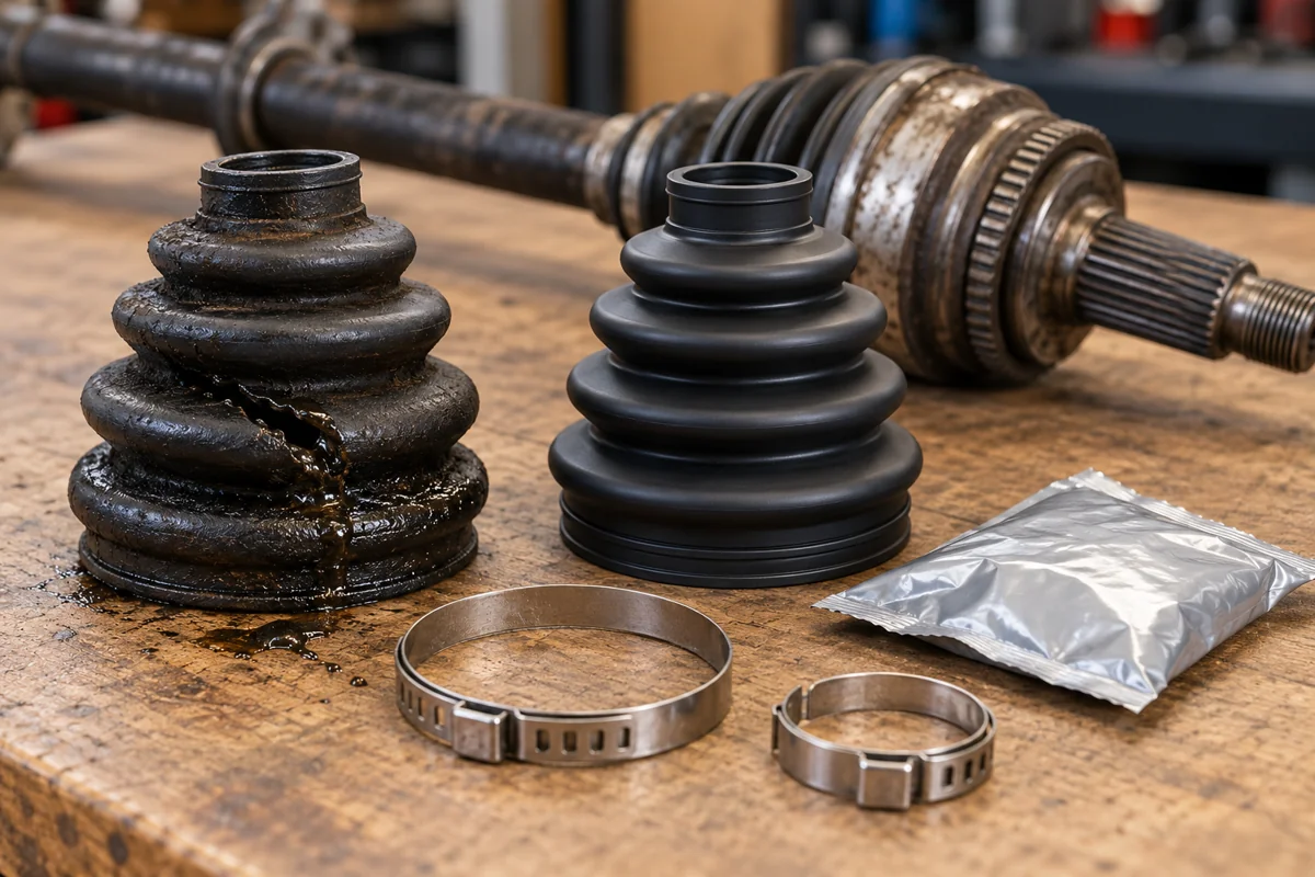 Split CV boot beside a replacement boot, clamps and grease sachet