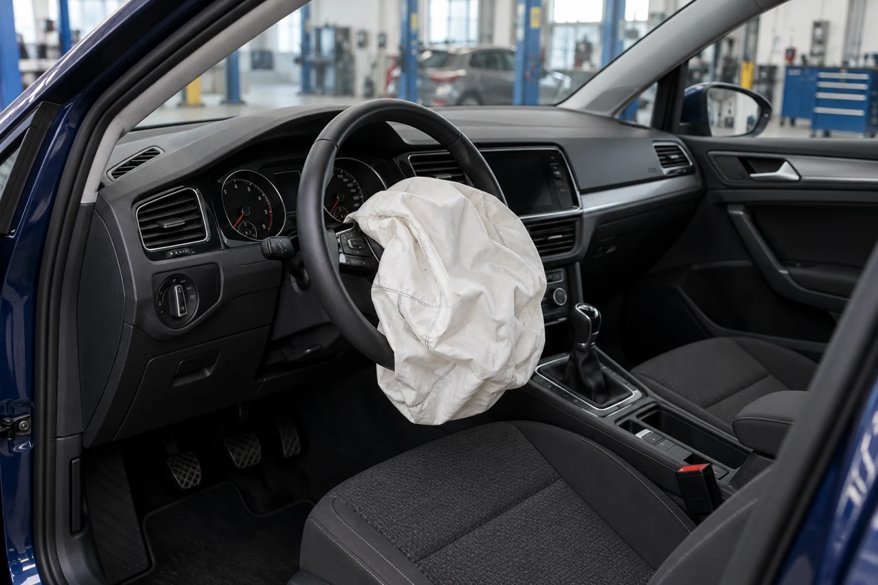 Illustration of a deployed driver airbag in a parked hatchback cabin