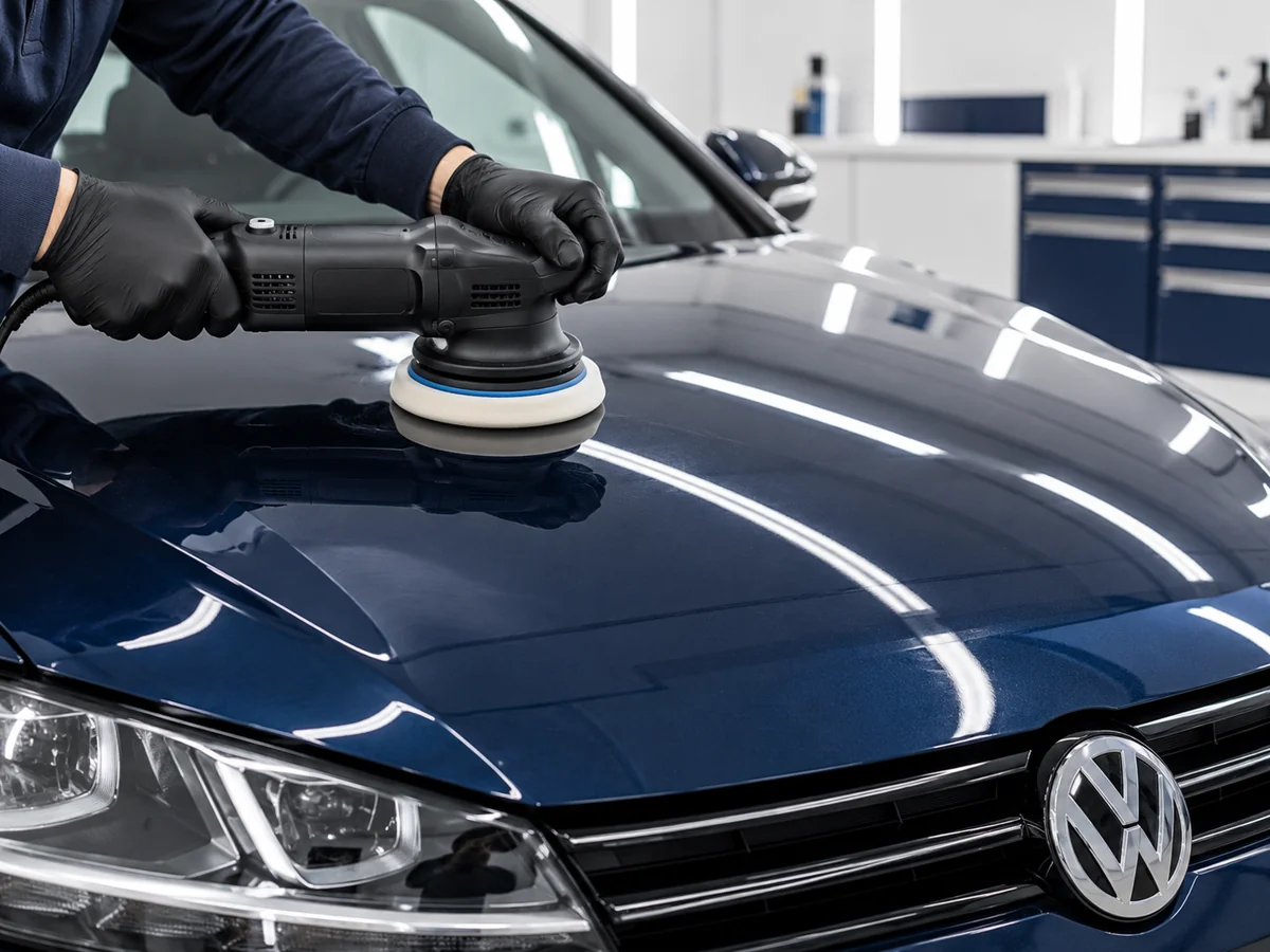 Illustration of a technician machine-polishing a Volkswagen bonnet