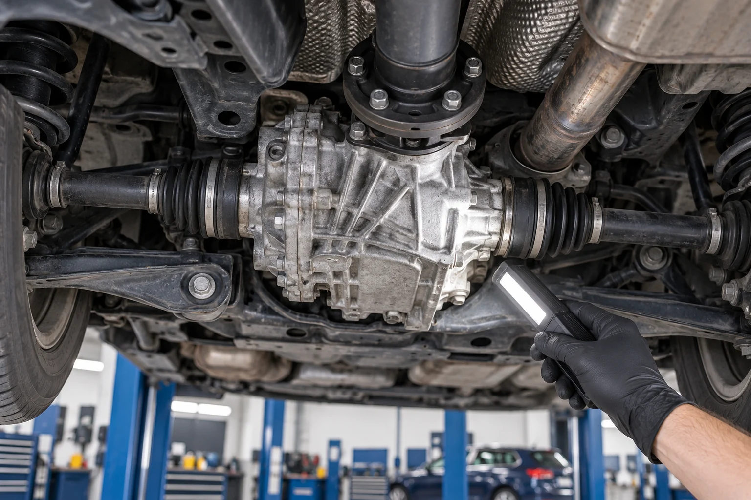Illustration of a rear differential inspection beneath an all-wheel-drive hatchback