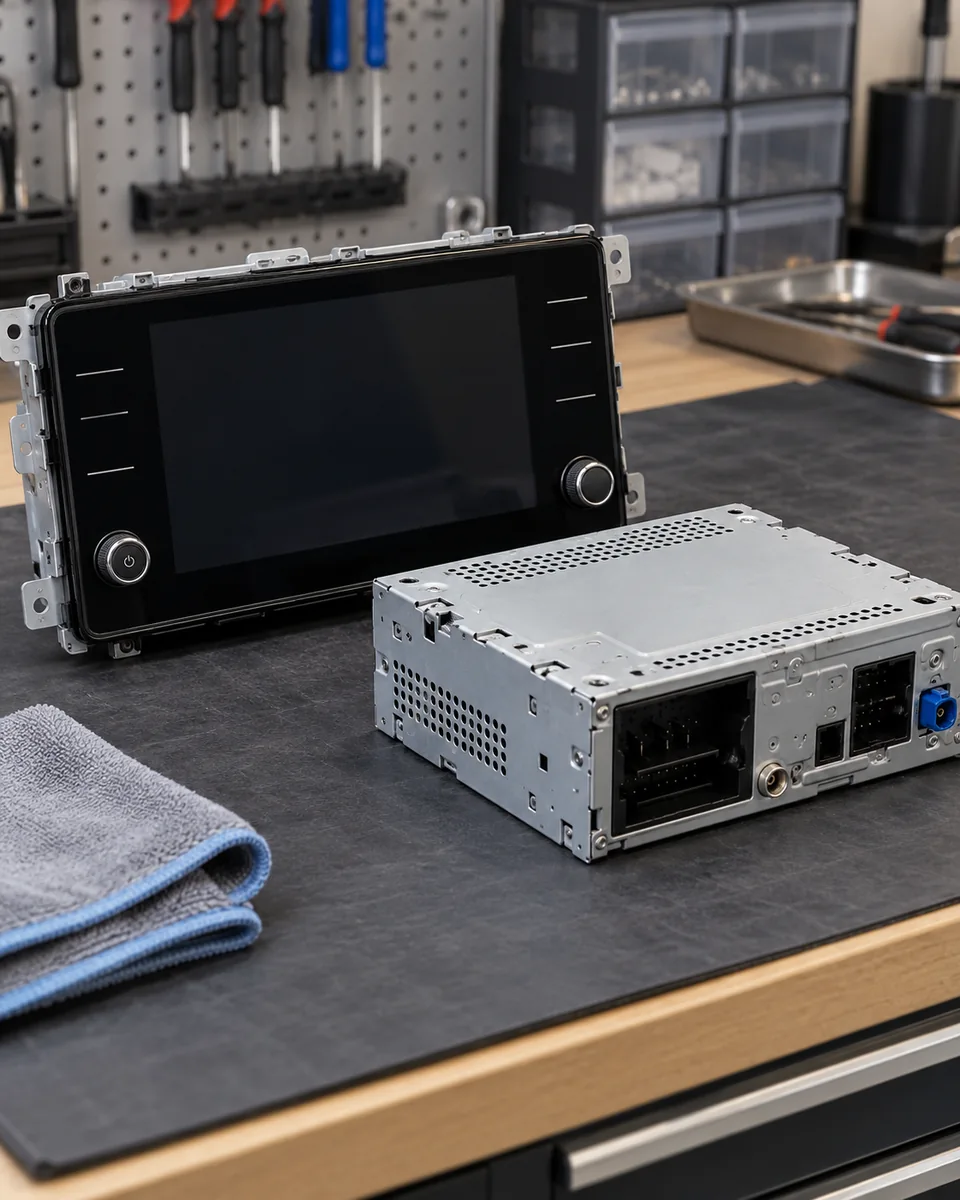 Volkswagen infotainment display assembly and head unit electronics on a workshop bench