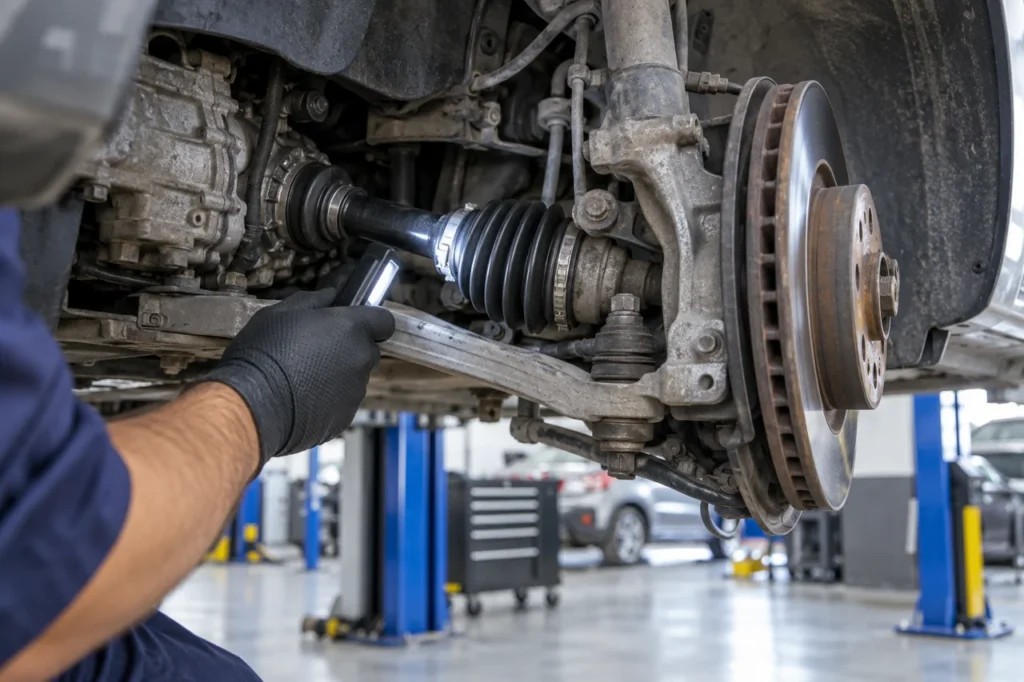 Volkswagen CV axle being inspected for joint wear and boot damage