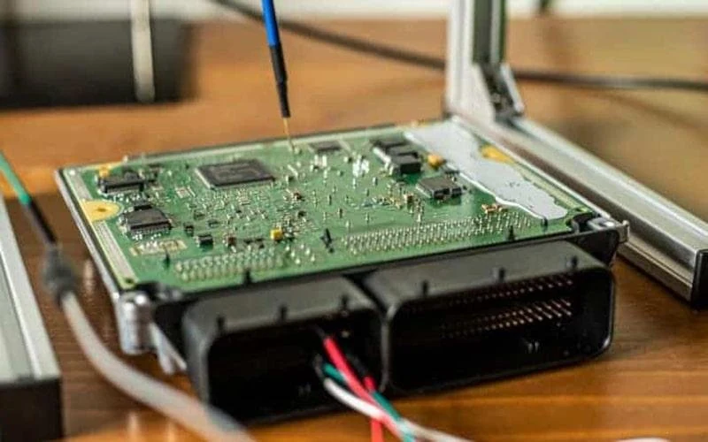 Test probes positioned on an engine control unit circuit board