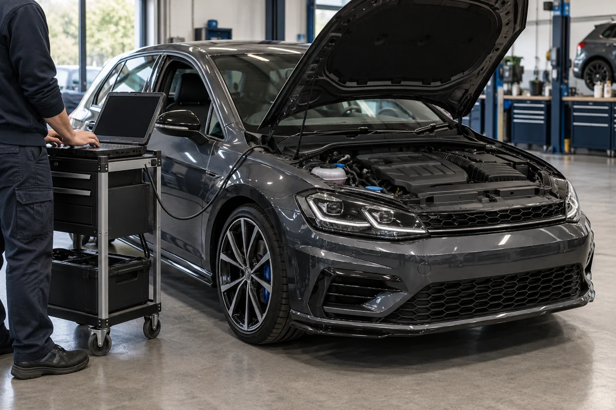 Generated illustration of a hatchback beside a workshop laptop with its bonnet open