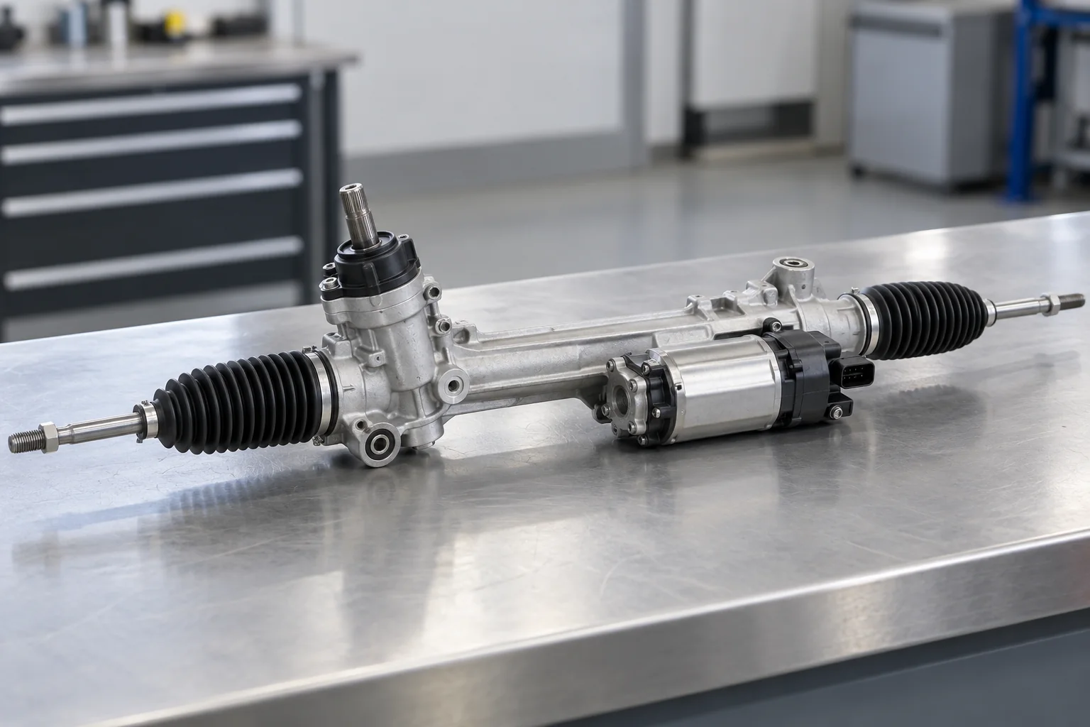 Illustration of an electric steering rack with protective bellows