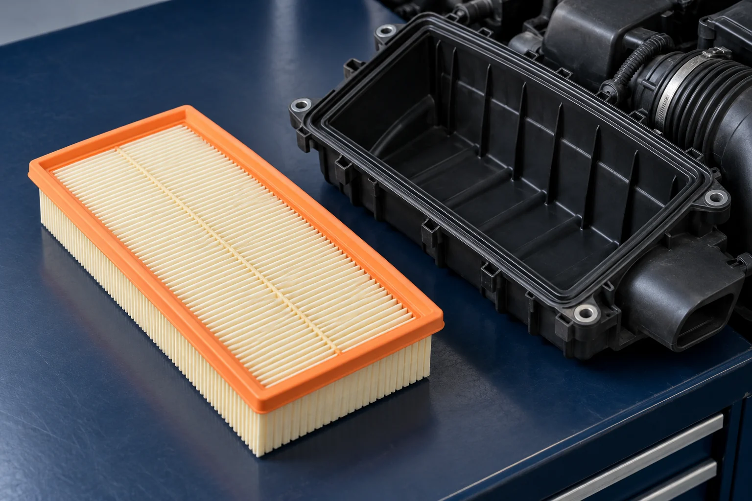 Illustration of a pleated engine air filter with an orange perimeter seal beside an open intake airbox