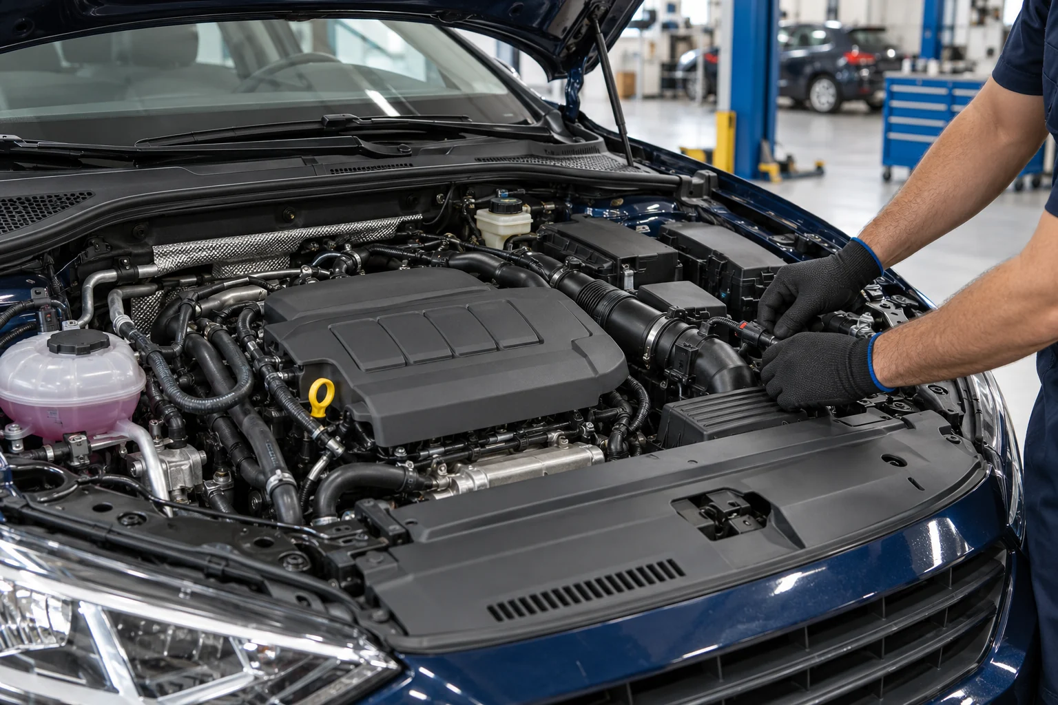 Technician checking an engine bay connection in a workshop
