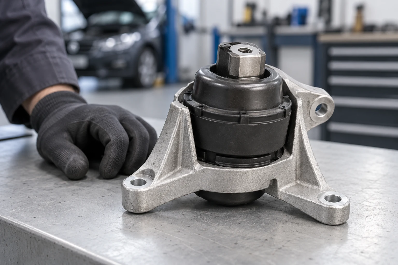 Generic hydraulic engine mount illustration on a workshop bench