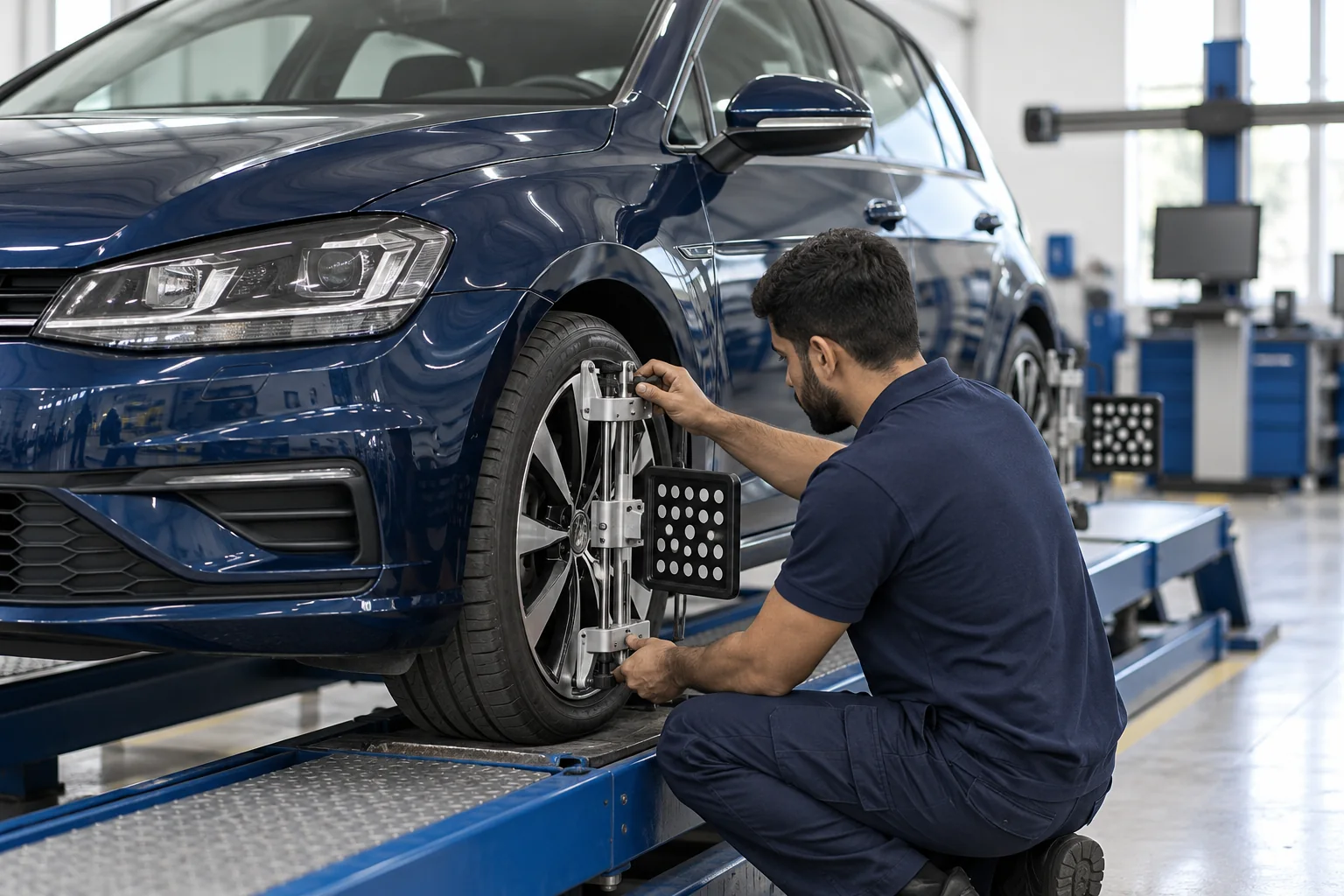 Illustration of alignment equipment fitted to a Volkswagen wheel