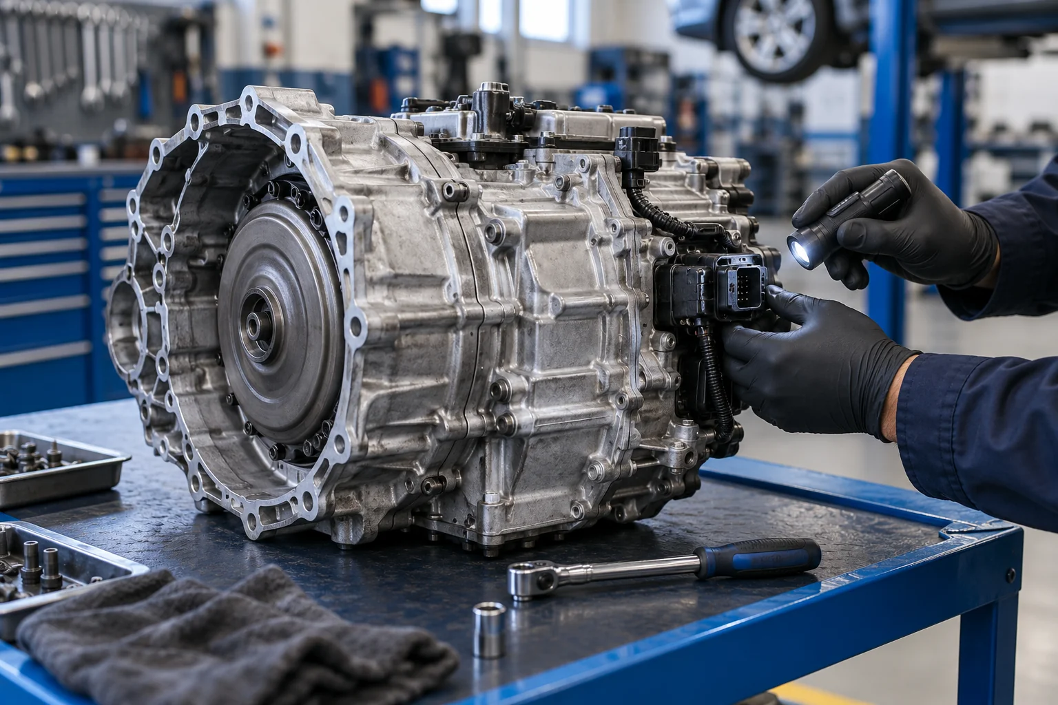 Illustration of a gearbox inspection on a workshop bench