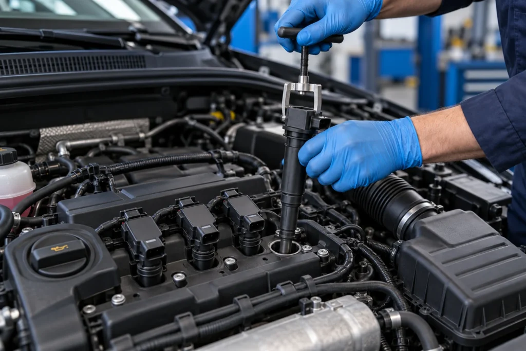 Ignition coil being assessed on a Volkswagen engine