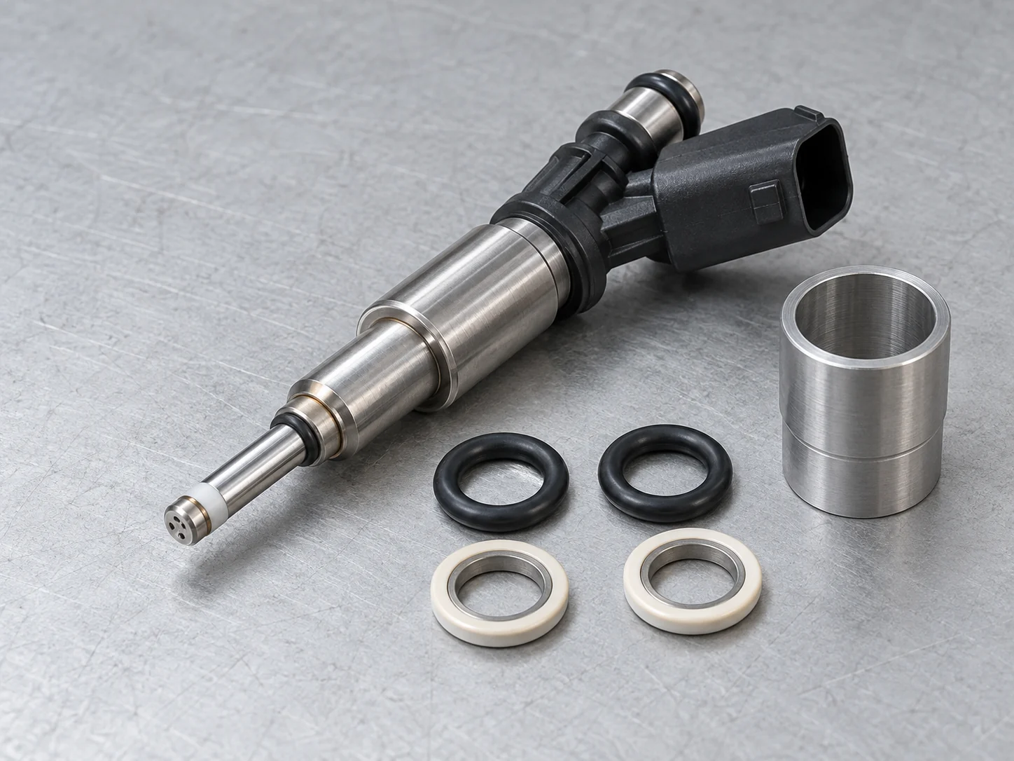 Petrol direct injection fuel injector with new seal rings on a workshop bench