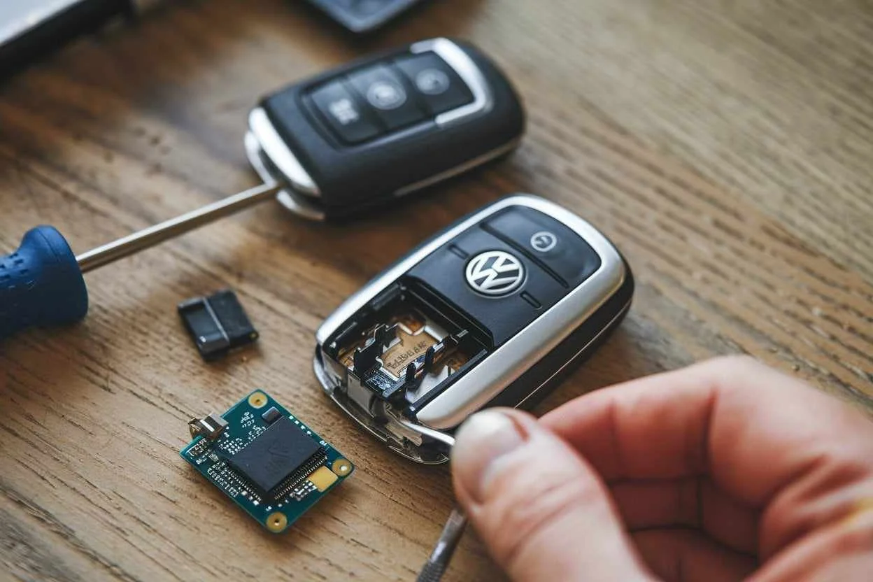 Key fob opened to show its circuit board beside a second key