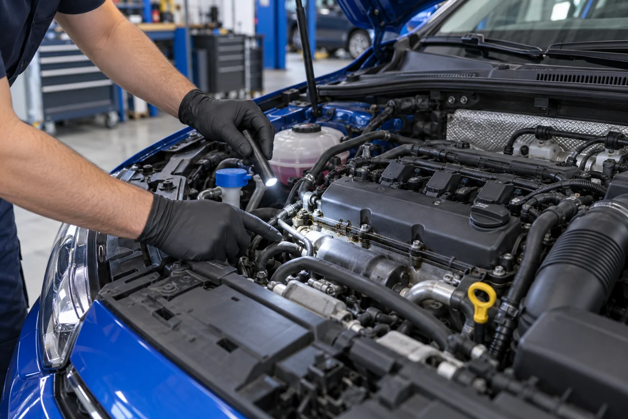 Technician using an inspection torch beside an engine valve cover joint