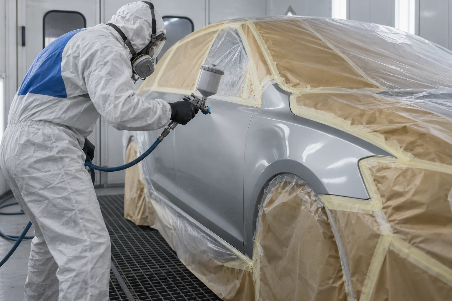 Illustration of a protected technician refinishing a masked car panel in a paint booth