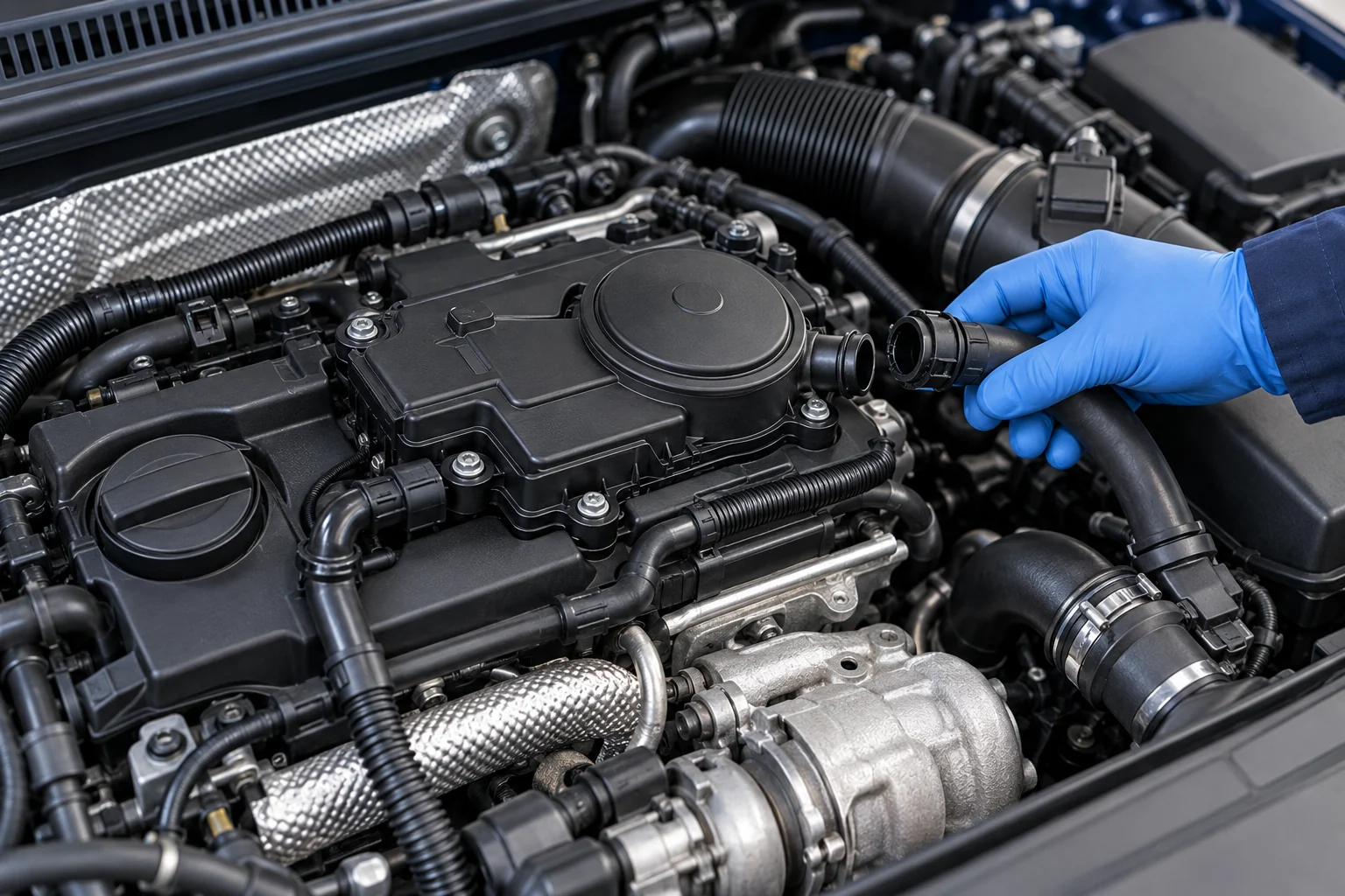 Illustration of an engine-off PCV oil-separator and breather-hose inspection