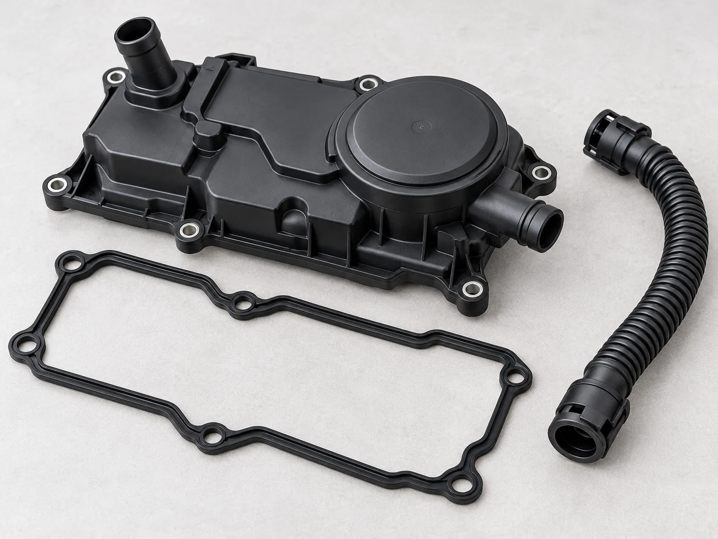 Generic PCV oil-separator assembly, gasket and breather hose illustration