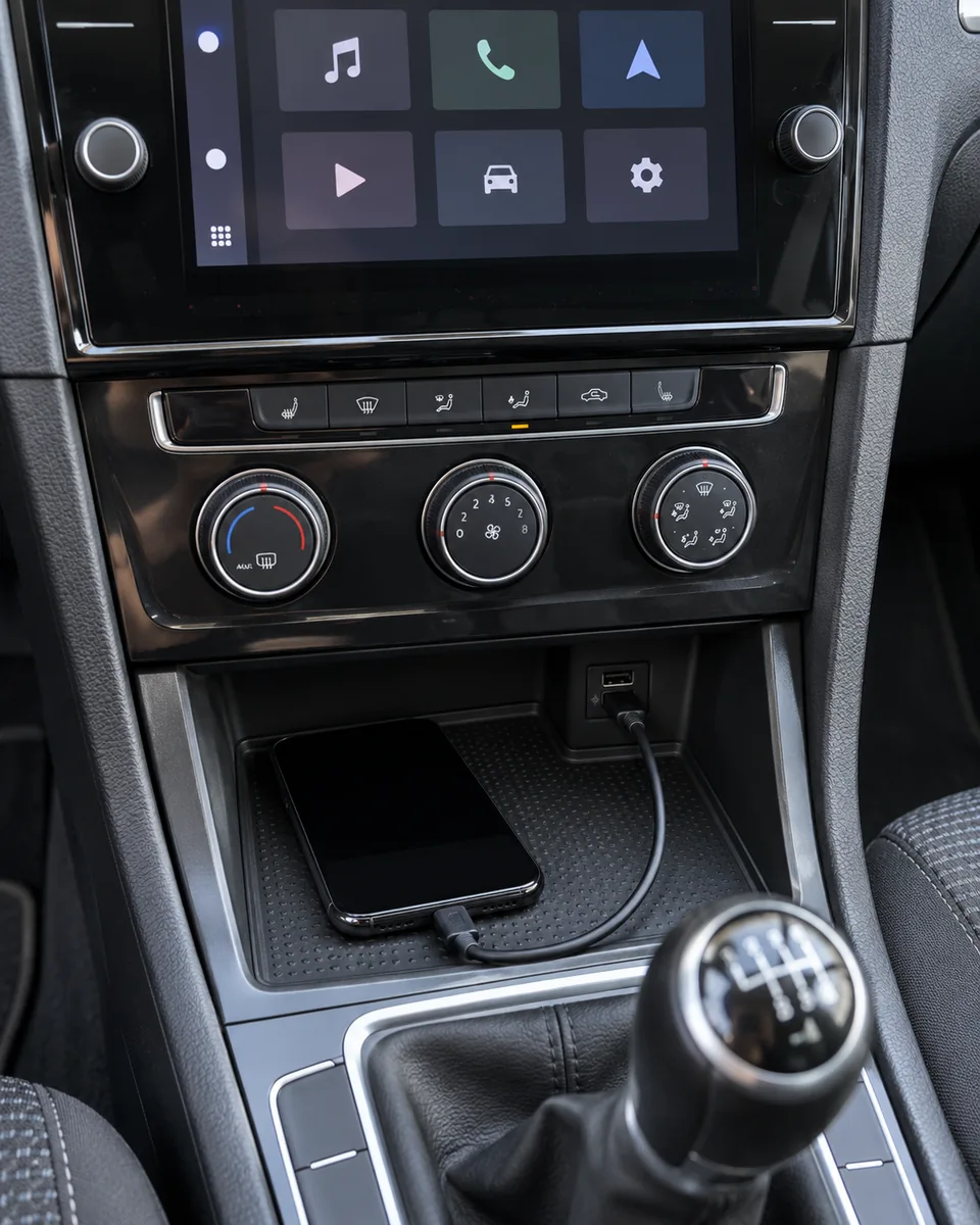 Phone connected by a USB cable in the centre console tray of a parked Volkswagen