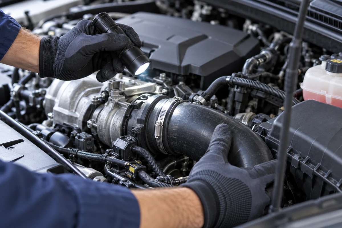 Generated illustration of gloved hands checking an intake hose with an inspection torch
