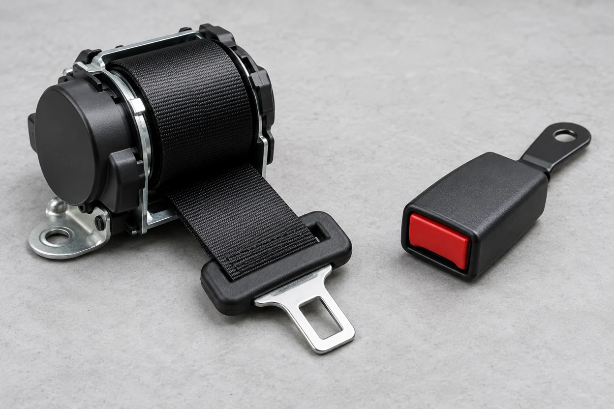 Illustration of a seat-belt retractor, black webbing and buckle receiver