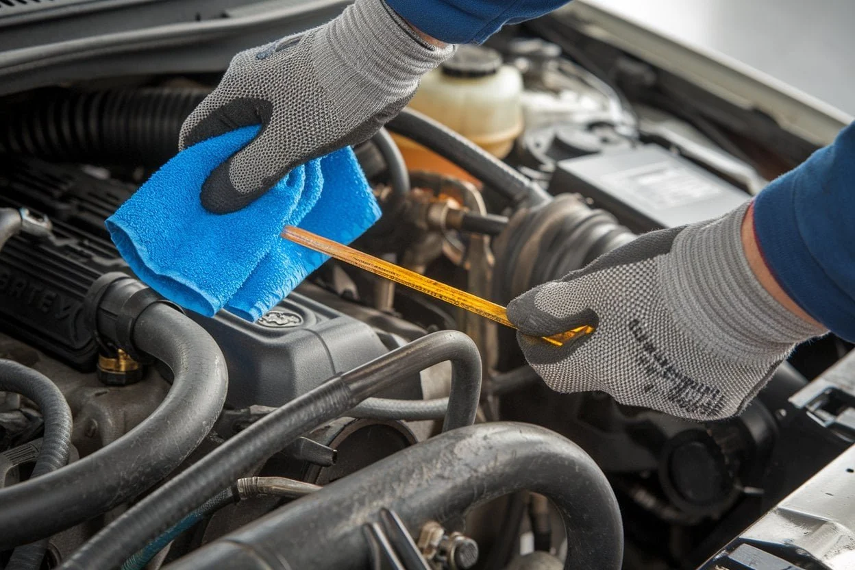 Gloved hands checking engine oil with a dipstick under an open bonnet