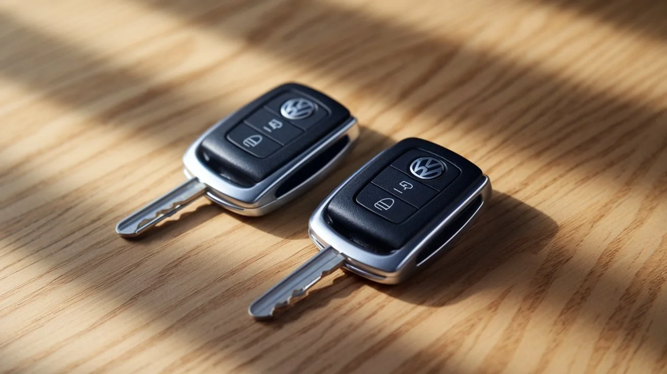 Two flip-style car keys on a wooden surface