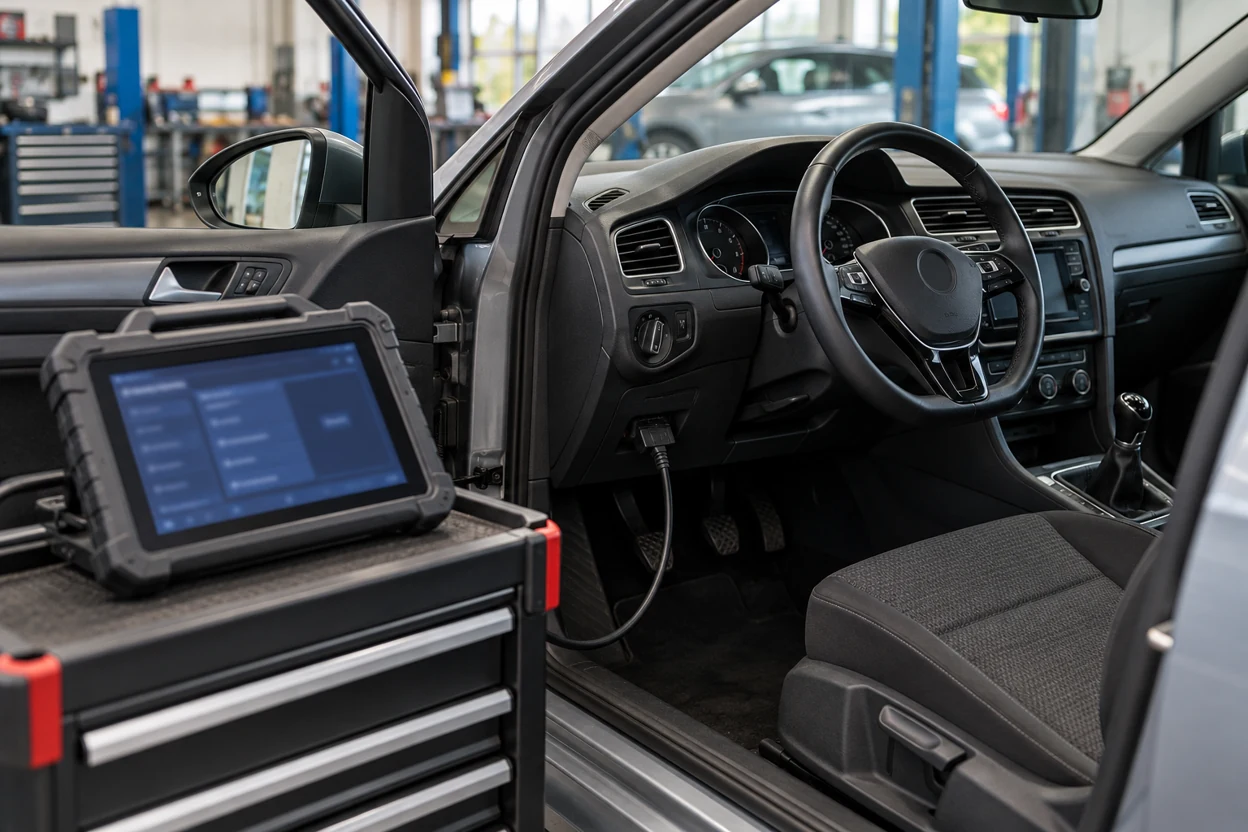 Illustration of a diagnostic tablet beside a parked hatchback cabin