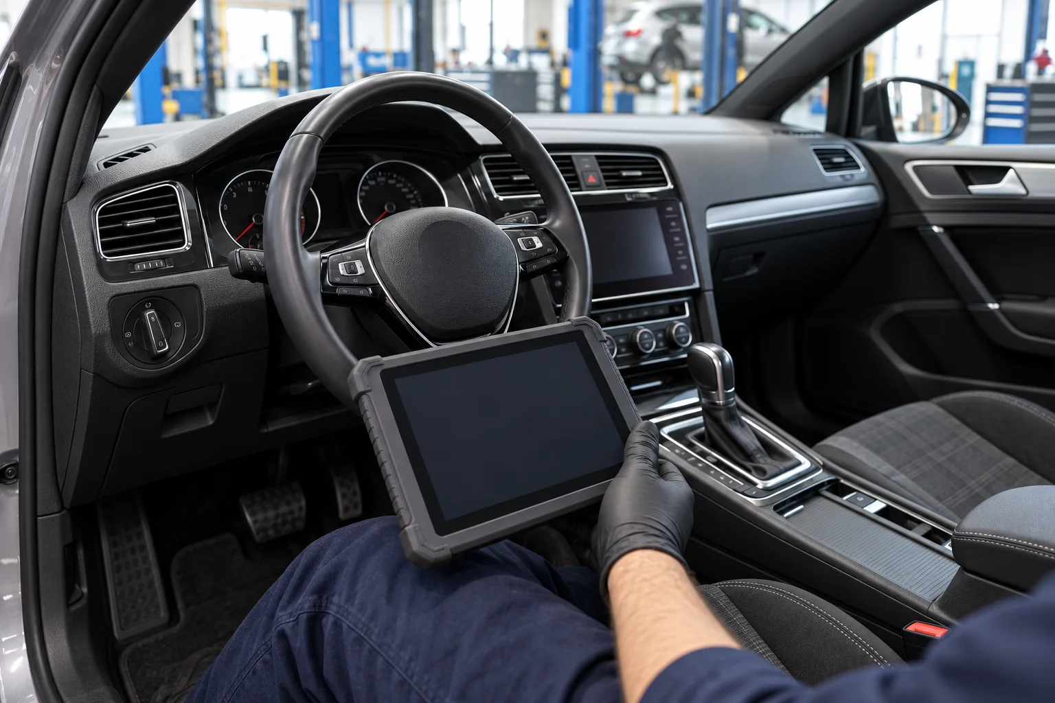 Diagnostic tablet beside the steering wheel in a left-hand-drive cabin