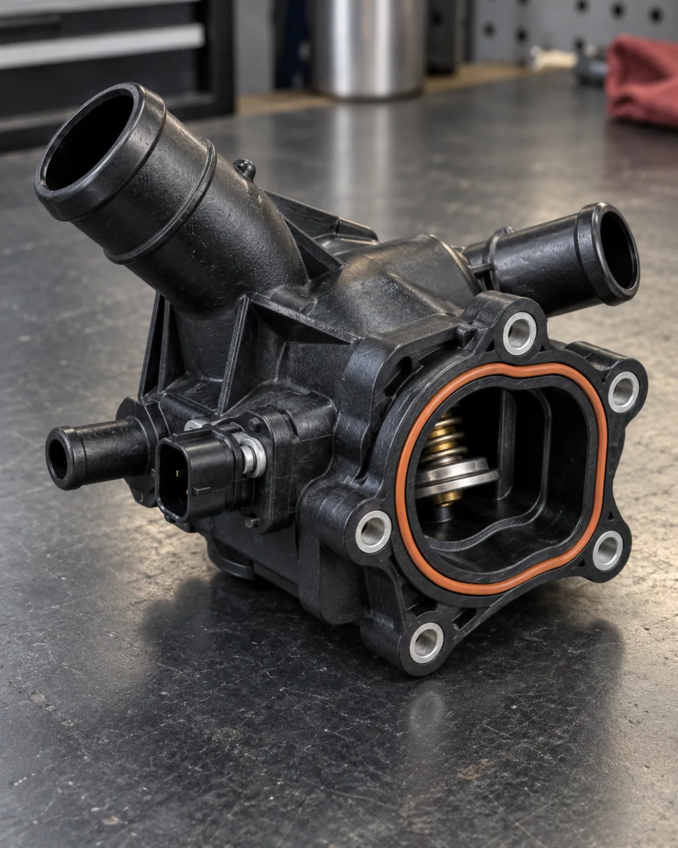 Illustration of a moulded coolant thermostat housing with hose connections and a sealing gasket
