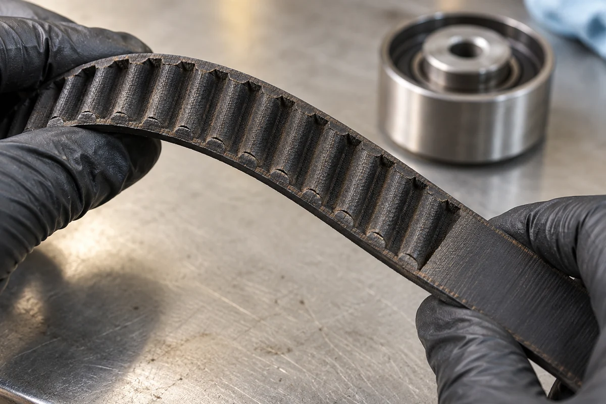 Checking the teeth and rubber condition of a removed timing belt