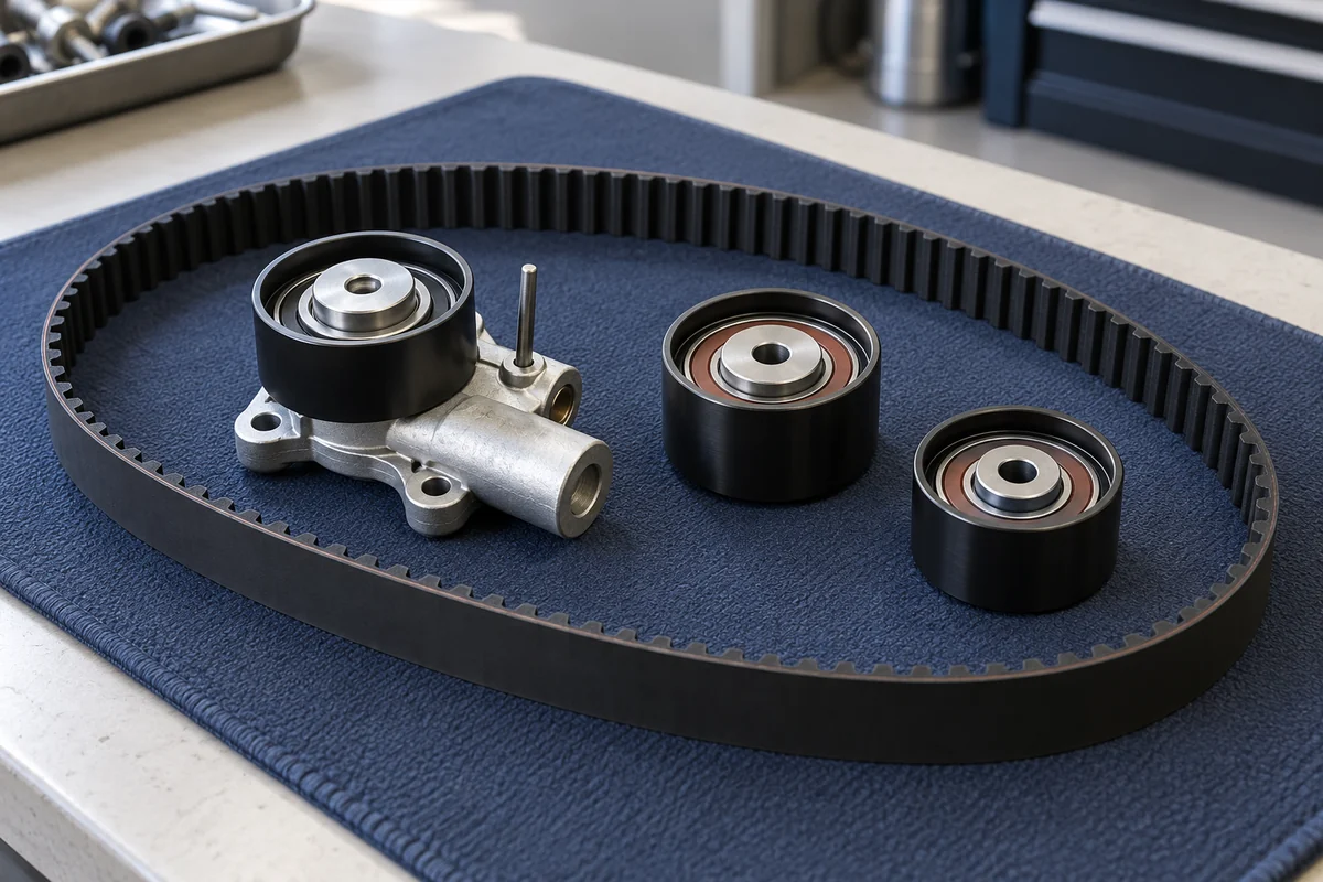 Toothed timing belt, water pump and tensioning components on a bench