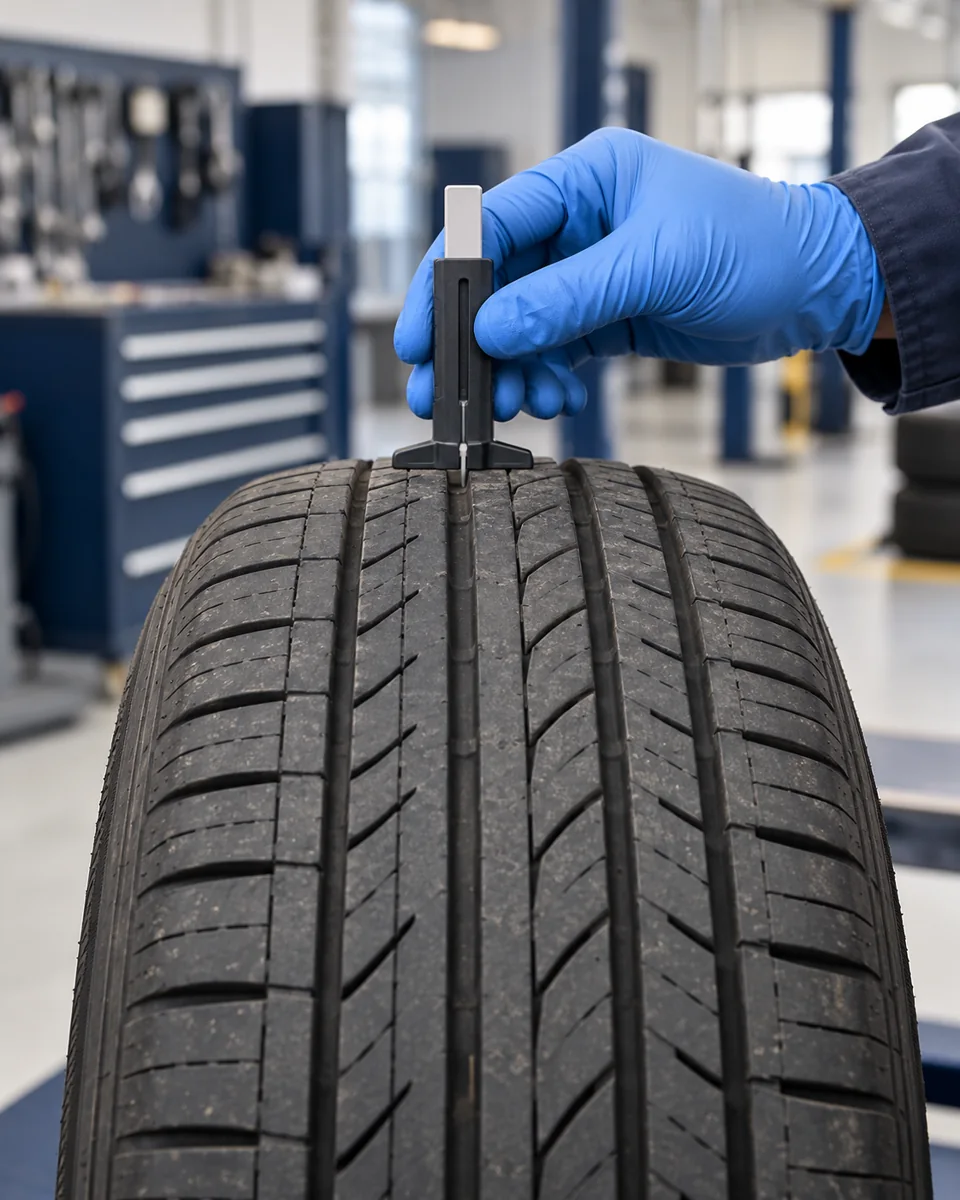 A gloved hand checking tyre tread with a depth gauge